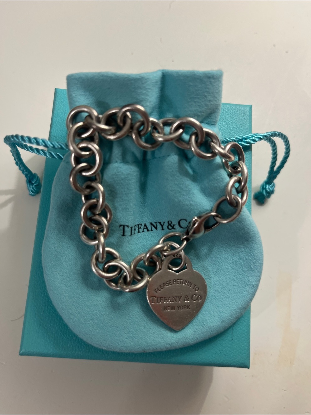 Tiffany & Co. Silver Heart Tag Charm Bracelet with Signature Blue Pouch